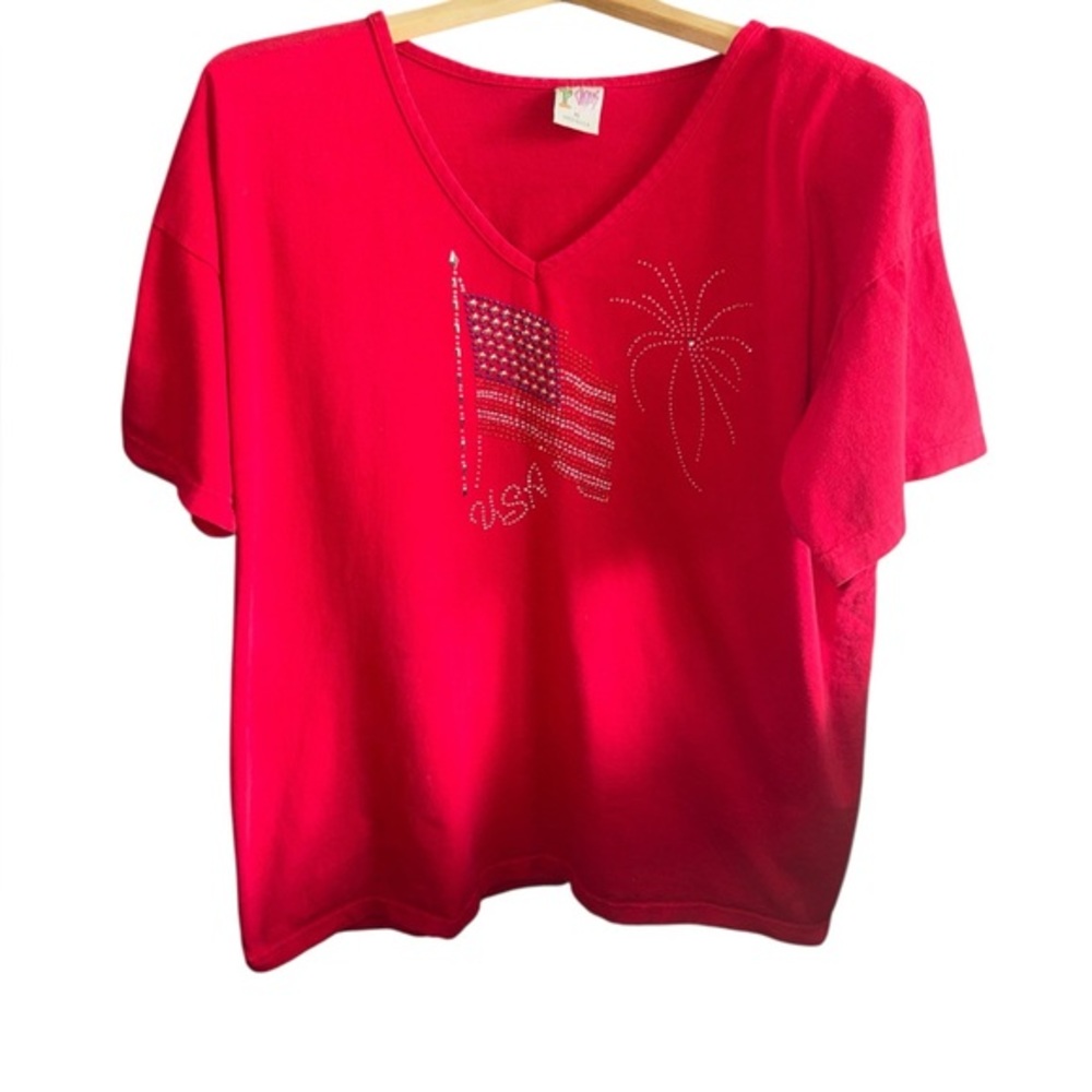 Cactus Bright American Flag  & Fireworks Glam Red Tee Shirt Size XL Made in USA